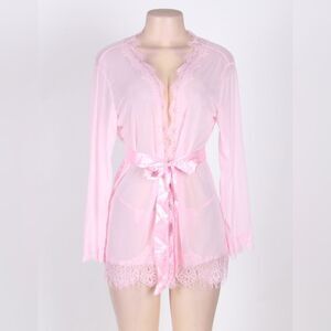 🆕️ Womens Small Pink Satin Belt Sheer Lace Midi Lingerie Nightslip Robe
